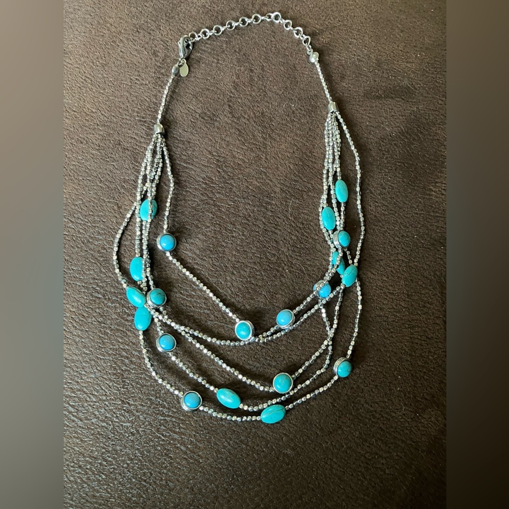 Chicos 4 strand necklace with faux turquoise cabochons and silver beads.